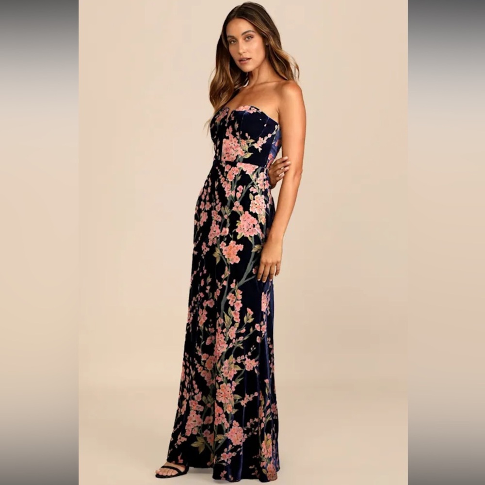 Lulu's Navy Strapless Floral Maxi Dress with Pink Flowers